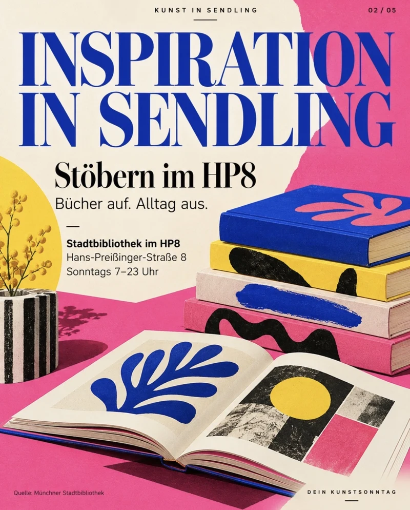 Inspiration in Sendling: Stöbern im HP8; Collage mit Büchern und Hinweis auf die Stadtbibliothek