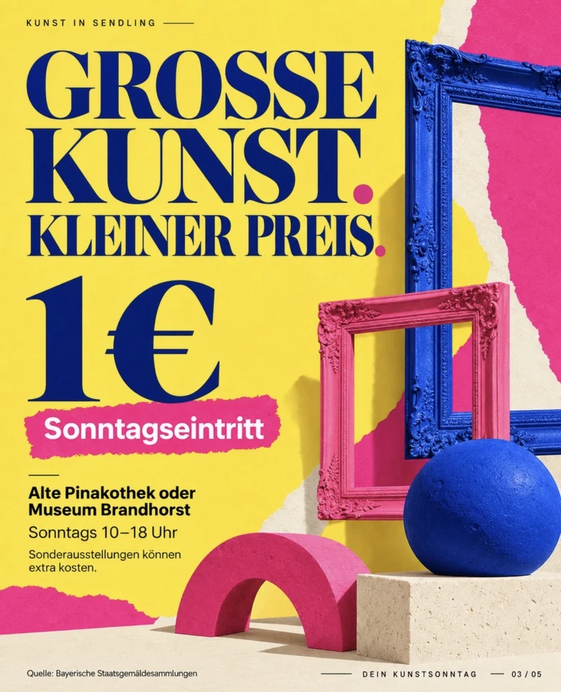 Große Kunst. Kleiner Preis. Museumstipp mit farbigen Bilderrahmen und Hinweis auf Sonntagseintritt