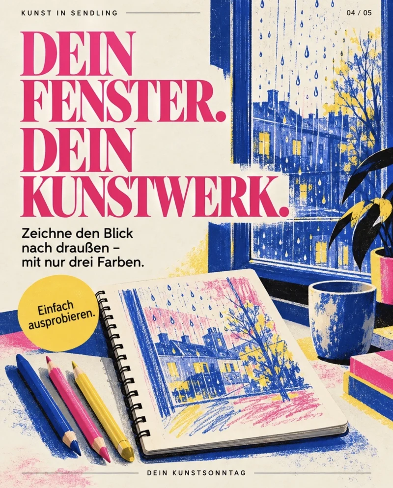 Dein Fenster. Dein Kunstwerk. Zeichenidee mit drei Farben und Blick aus einem Regenfenster